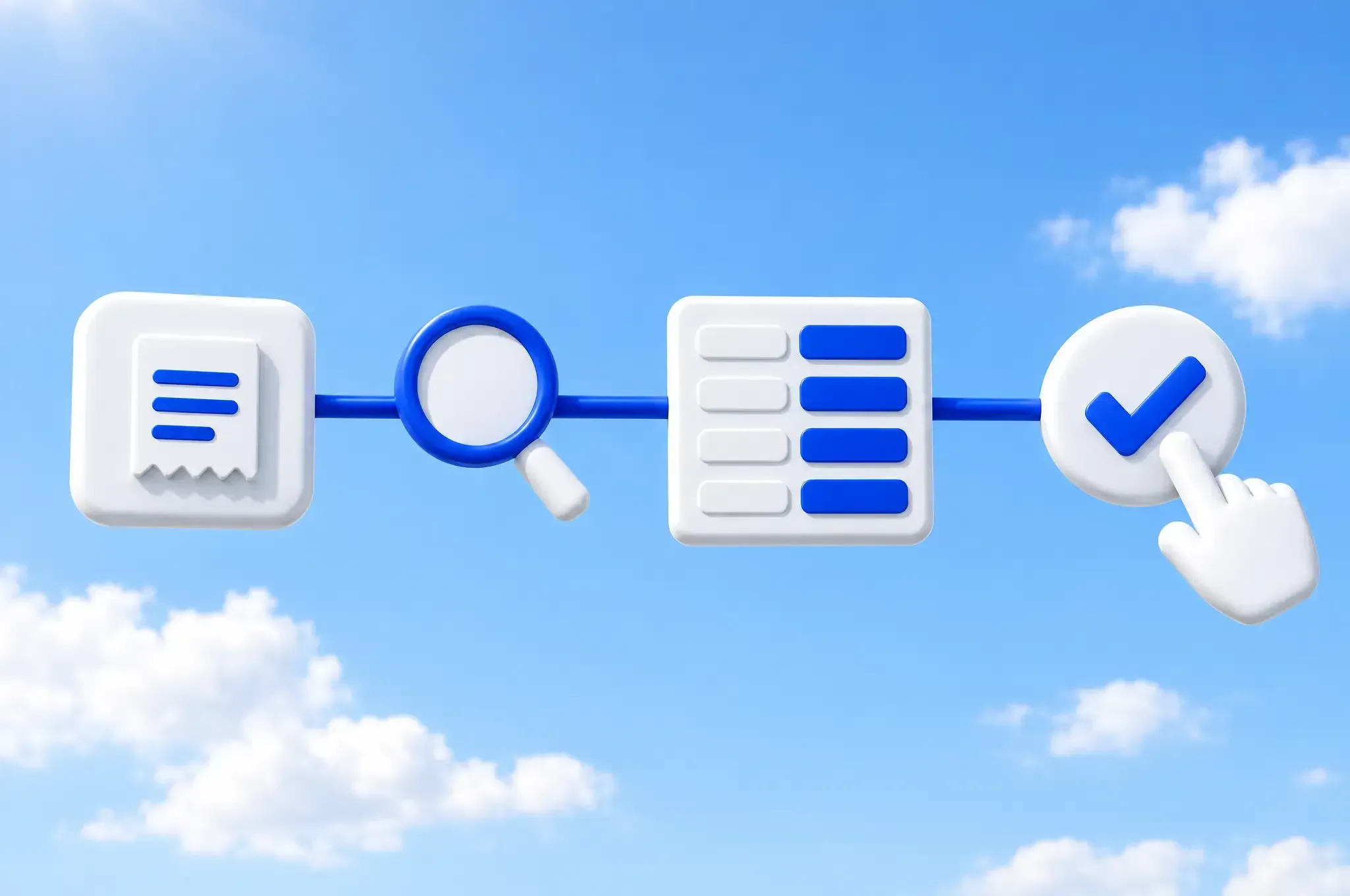 A rendered flow diagram in a blue morning sky: a receipt tile, a magnifying glass, a form with four fields filled in blue, and a hand pressing a round check button.