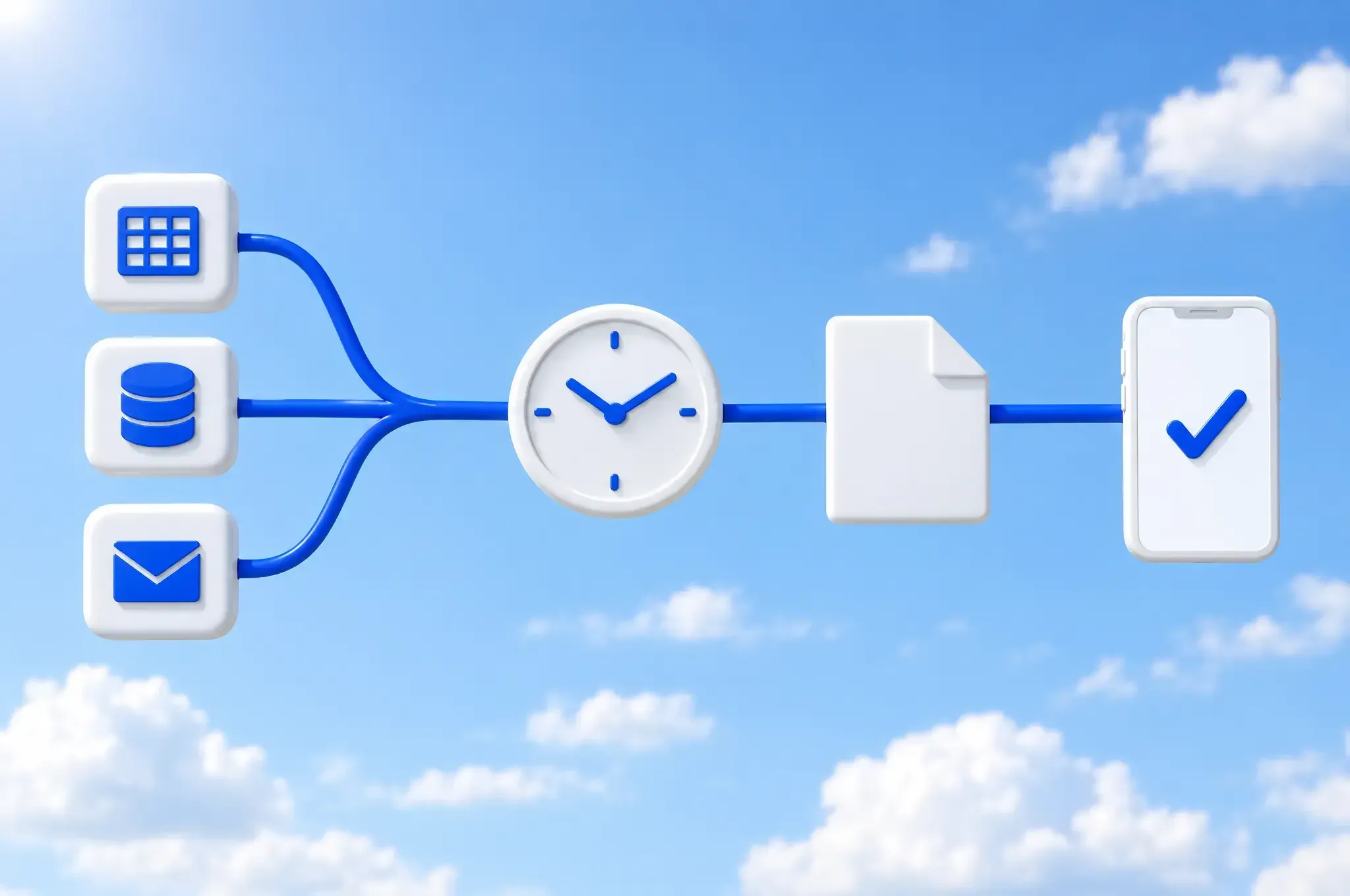 A rendered flow diagram in a blue morning sky: three white tiles (a spreadsheet, a database, an envelope) feed one blue tube that runs through a clock, to a report, to a phone showing a check mark.
