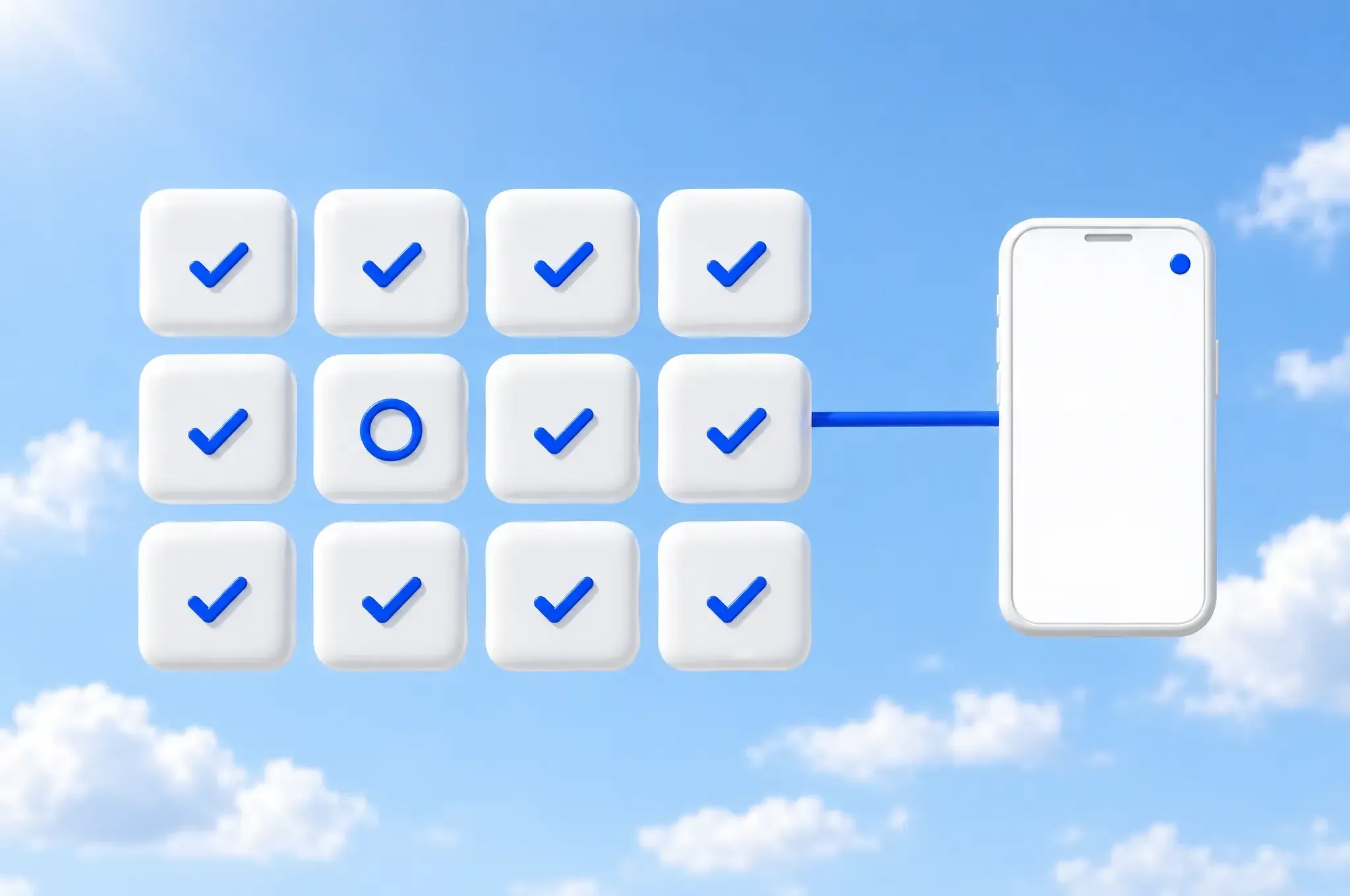 A rendered diagram in a blue morning sky: a grid of twelve white tiles, eleven with a blue check mark and one with a blue ring, and a blue tube from the grid to a phone showing a notification dot.