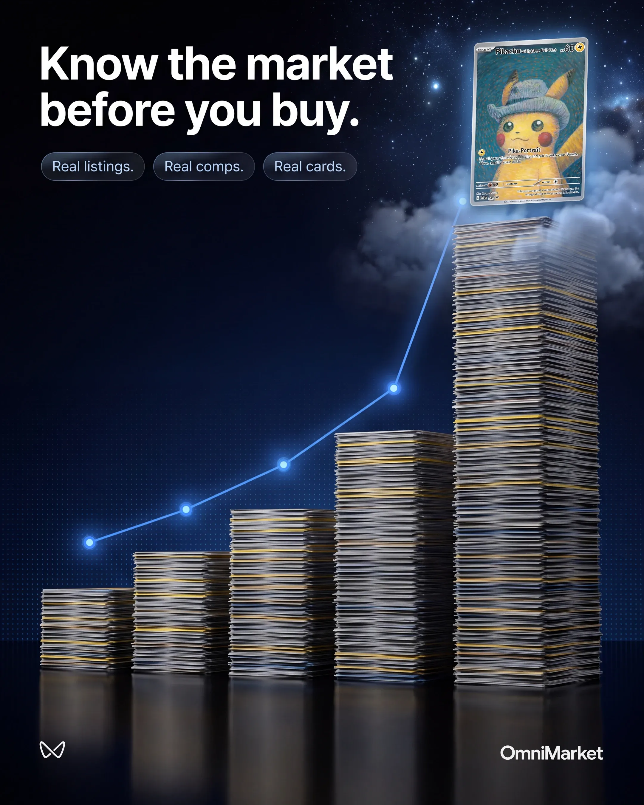 OmniMarket Cards poster: the line 'Know the market before you buy.' above stacks of collectible cards rising like a bar chart, a glowing line tracing the rise, a single card at the top.