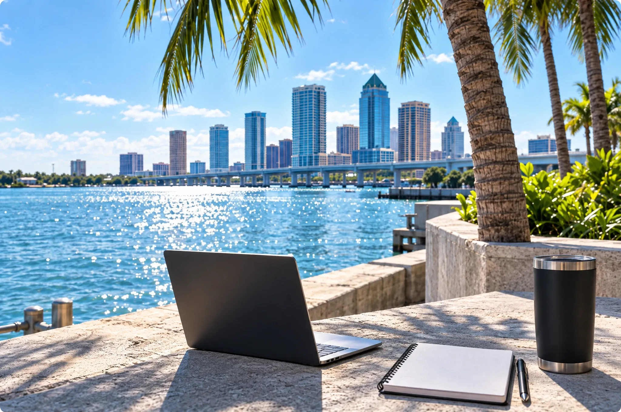 Downtown Tampa across the bay from a waterfront promenade, with a laptop, a notebook and a tumbler on the seawall in morning sun.